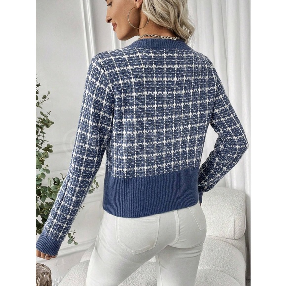 Blue Plaid Button Up Cardigan Knit Long Sleeve Stretchy - Picture 3 of 8